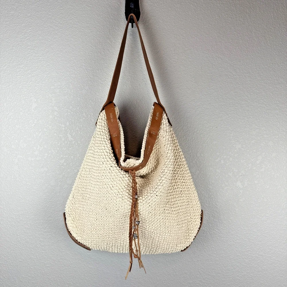 Lucky Brand Ivory Cotton Crochet Leather Trim Boho Hobo Shoulder Bag Purse Tote